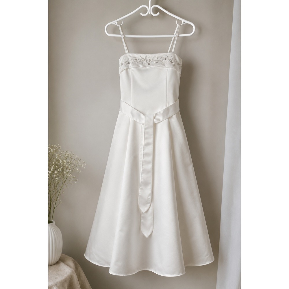 Girls White Satin Formal Dress Size 13-14 Graduation Junior Bridesmaid Made USA